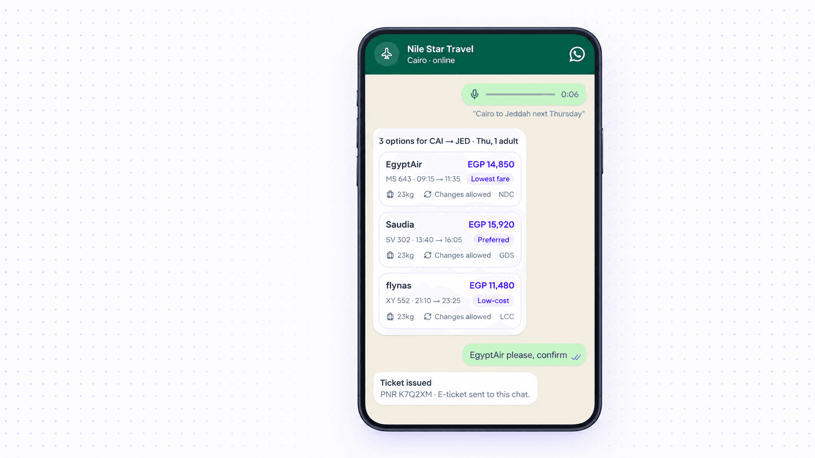 WhatsApp flight booking engine for travel agents with flight search, ticketing and payment features