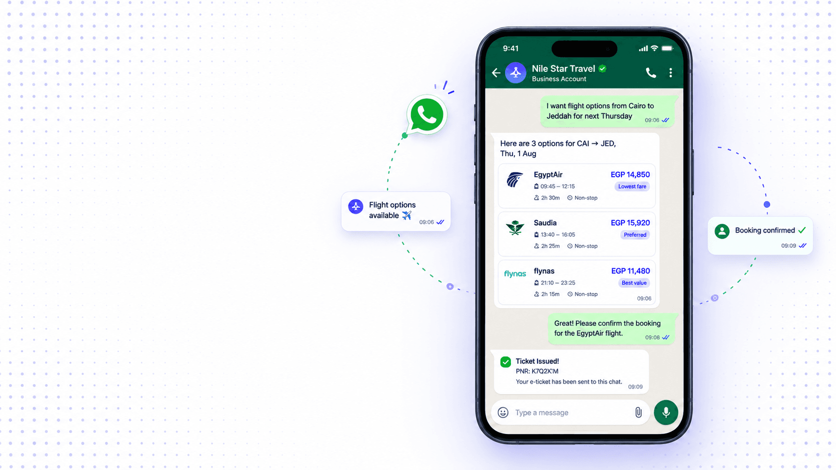 Hero image WhatsApp flight booking engine for travel agents in Egypt, enabling live fare searches, payments, and ticket issuance directly in WhatsApp chats